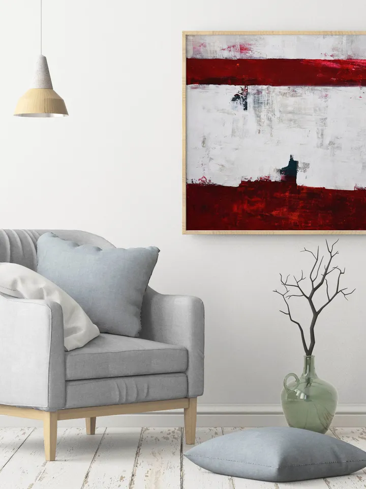 Red Abstract Painting on Canvas, Acrylic Painting on Canvas, Square Wall Art on 39x39 Inches, Minimal Line Abstract Art