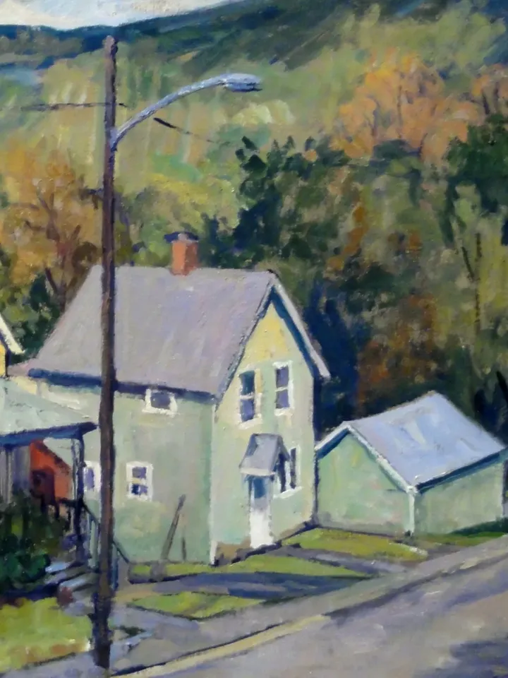 American Landscape Painting - Downhill/Autumn Houses - 14x20 Oil on Canvas, Realist Landscape, Signed Original Plein Air Impressionism