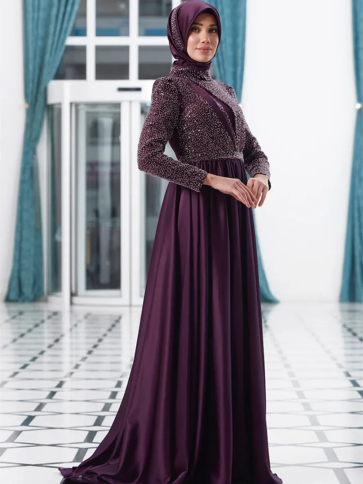 AHUNARE HIJAB - Berra Plum Satin Wedding Dress, Muslim Evening Gown, Nikah, Islamic Wedding, Engagement, Bridesmaid,