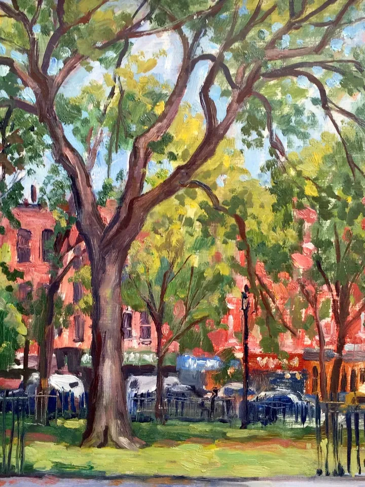 New York Cityscape Painting- From Tompkins Square Park/East Village/NYC - 12x12 Oil on Panel, Urban Impressionism, Signed Original