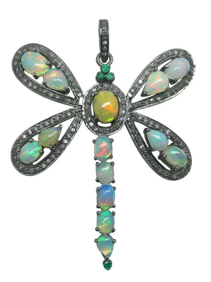 Diamond Pendant, Ethiopian Opal Necklace, Dragonfly Pendant, Multi Stone Pendant, 925 Sterling Silver Necklace, Precious Stone Pendant