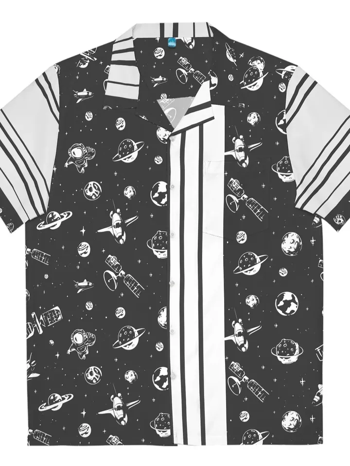 Spaceman Hawaiian Shirt | Short Sleeve Space Hawaiian Aloha Button Shirt, Tropical Christmas Vacation Top, Polyester Summer Beach Gift