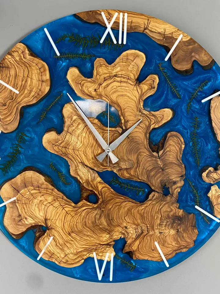 Blue Epoxy Olive Wood Wall Clock, Large Wood Wall Clock, Home gift, Resin Clock, Personalized Clock