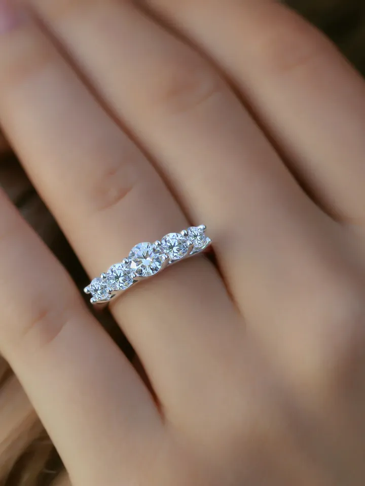 FIVE STONE RING | Round Cut Moissanite Diamond Ring | White Diamond Wedding Band | 14k Solid Gold Engagement Ring | Modern Wedding Ring