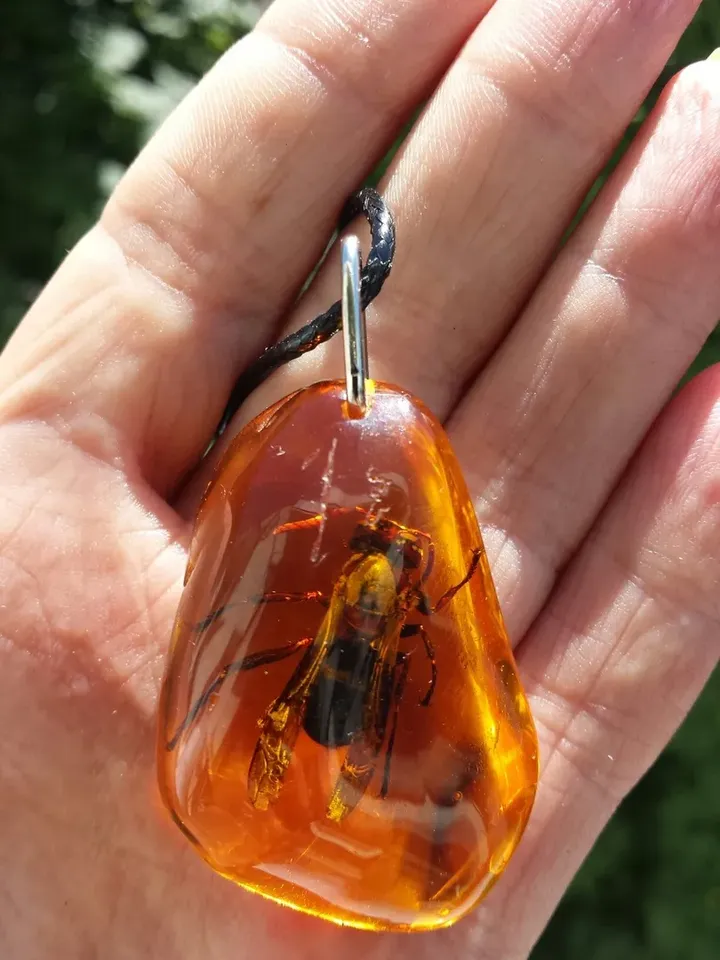 Real insect Bee necklace Honey Amber Resin necklace jewelry Amulet Nature necklace jewelry handmade yellow gold pendant