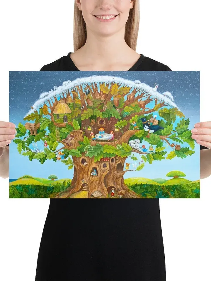 Big tree, Magic Oak with treehouses, little people, gnomes and elves, landscape, house art, Poster with author&#39;s painting, nursery décor