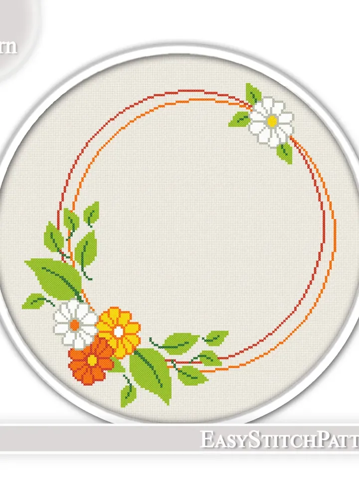 Modern cross stitch pattern. Floral Wreath cross stitch pattern. Flower border cross stitch.