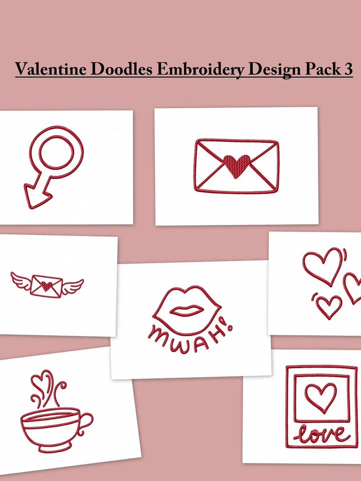 Valentine Doodles Embroidery Design Pack 3,Instant Download,Applique Design,digital file,Love Coffee Mail Photograph,Male Symbol,Mwah Lips