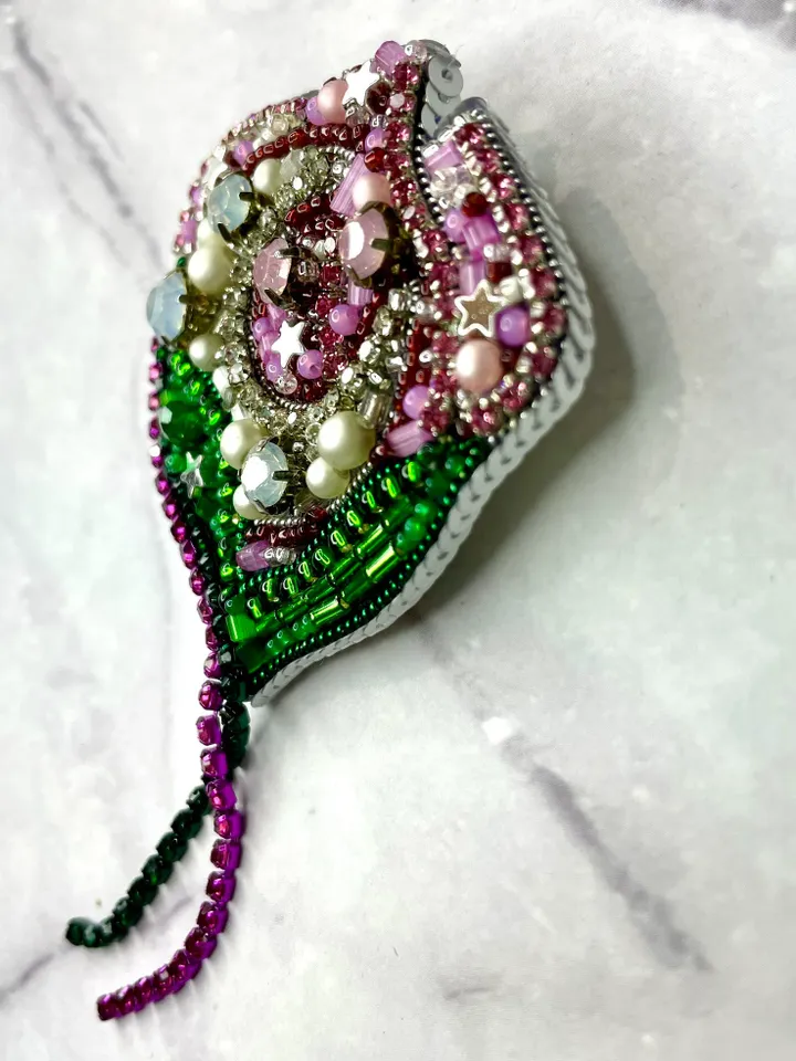 Moon Flower Beaded Brooch, Handmade Embroidered Accessory, Pin Blossom in Pink with Half-moon Crescent, Flower Brooch