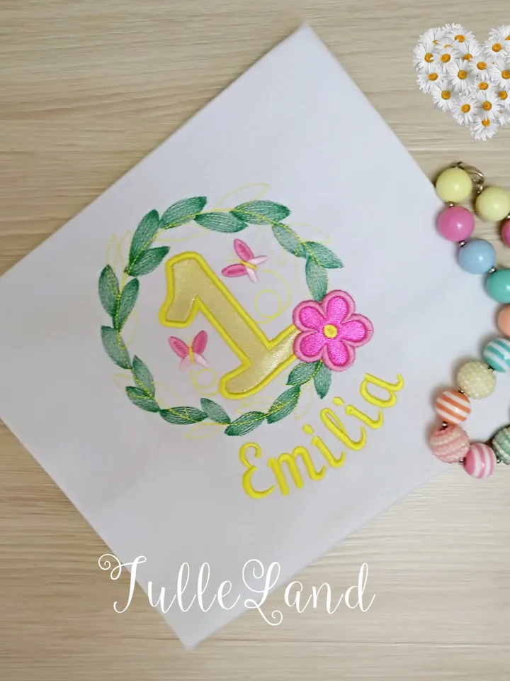 Number One with Flowers Cute Butterfly My 1st Birthday for girl Design Applique for Machine Embroidery