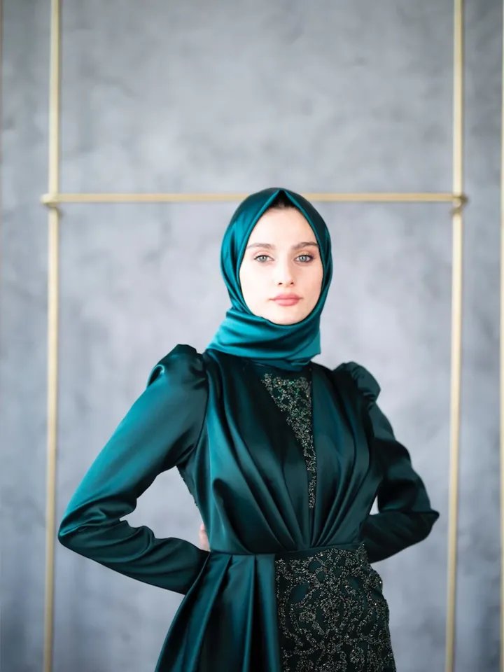 Rana Emerald Satin Ahunare Embroidered Wedding Dress, Muslim Evening Gown, Nikah, Islamic Wedding, Engagement, Bridesmaid, Maxi Dress