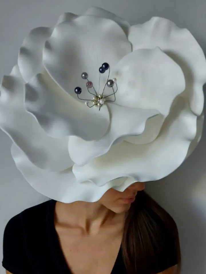 Large anemone fascinator with crystal beaded, Wedding flower hair clip, Women Derby hat, bloom headpiece, Ivory Bridal headgear