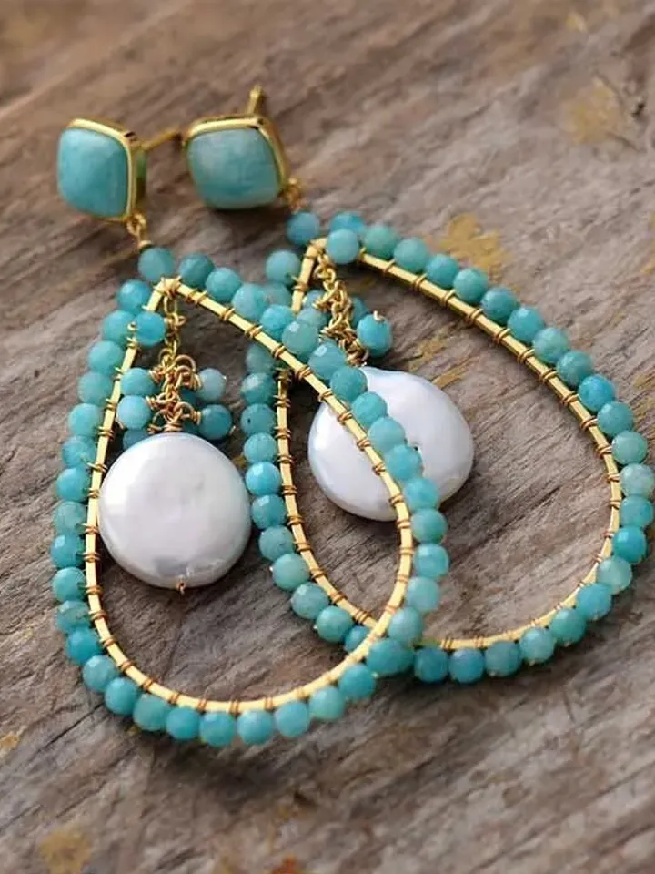 Amazonite Earrings, Amazonite Teardrop Earrings, Amazonite and Pearl Earrings, Amazonite Jewellery, Green Teardrop Gemstone Earrings, Boho