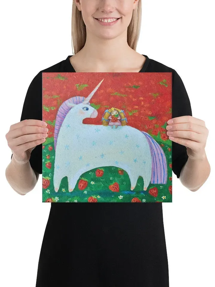 White unicorn and princess in a strawberry field, Painting for a nursery, Painting for a girl room, print on canvas, Wall décor, Art wall