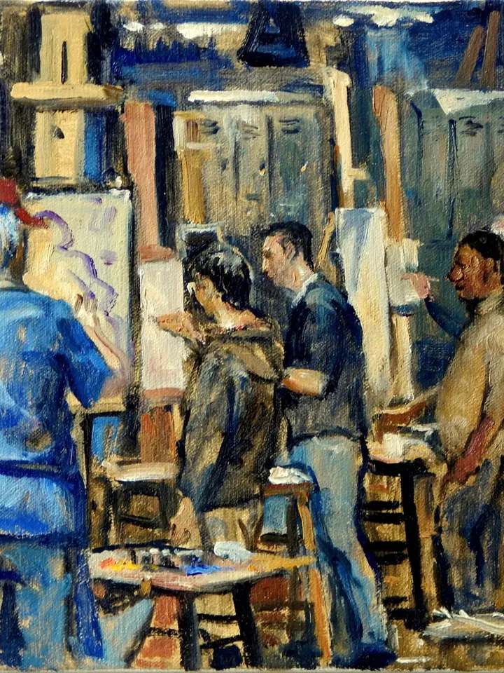 10x10 Studio Interior Painting - At Work/Art Students League/New York- Impressionist Oil on Linen, Signed Original American Realist Fine Art