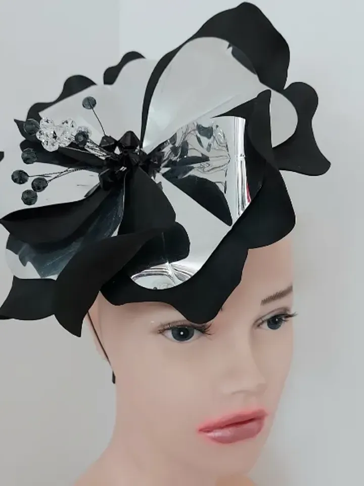 Magic black fascinator Derby hat Black petunia and mirror silver Hair clip Mysterious flower Halloween outfit gothic