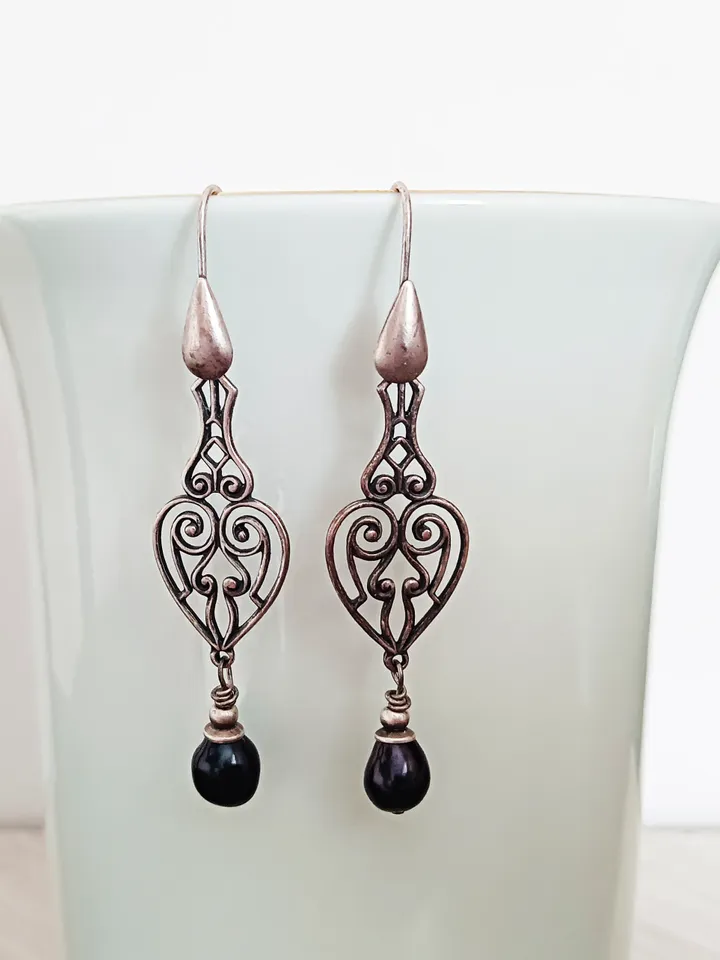 Boho Shabby chic Vintaj and Artisan Pewter permanent colored natural copper with cultured pearls beads earrings