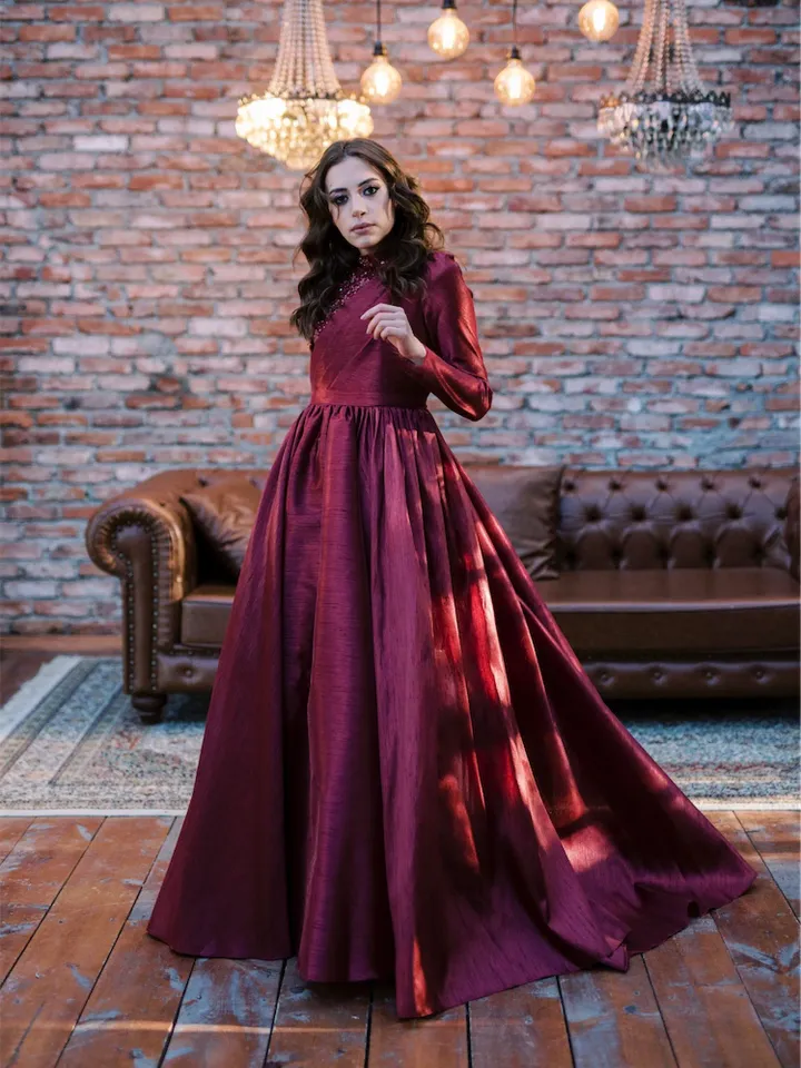 AHUNARE HIJAB - Şakayık Burgundy Taffeta Princess Wedding Dress, Muslim Evening Gown, Nikah, Islamic Wedding, Engagement, Bridesmaid,