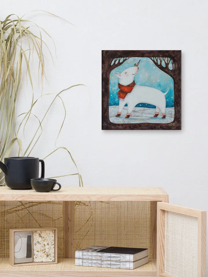 White bull terrier with red scarf in winter forest, fabulous original pet portrait, print on canvas from original work by Ukrainian artist