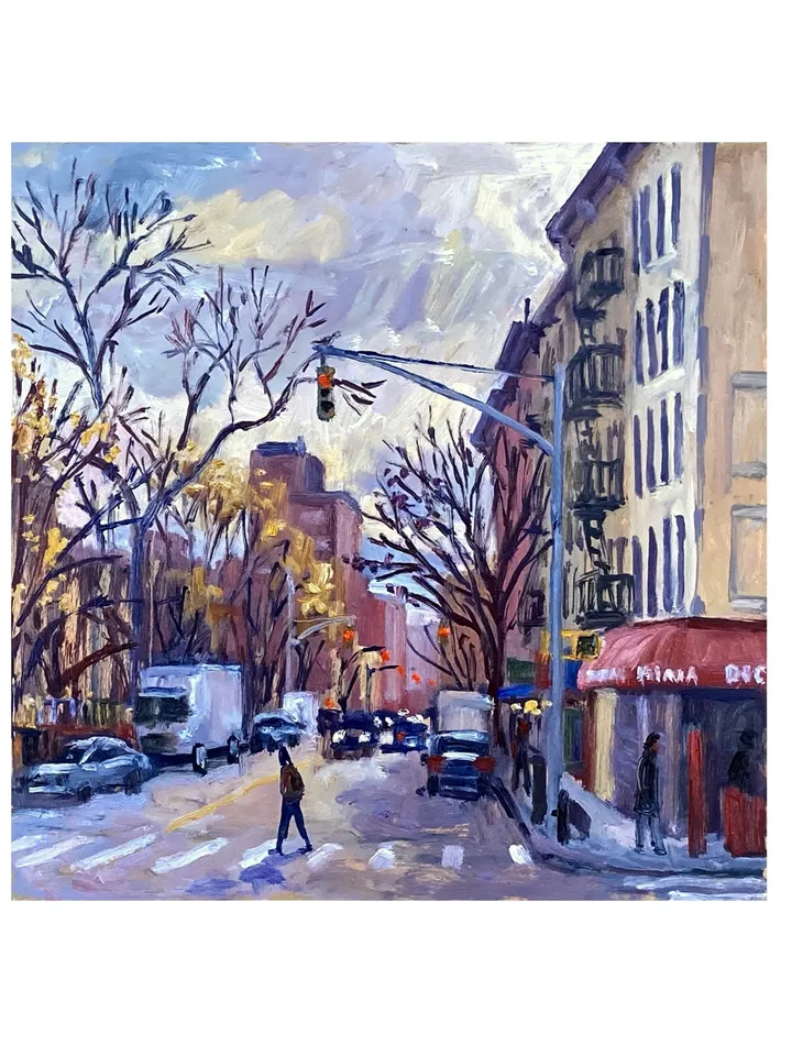 Original East Village Cityscape - Down Avenue A/NYC- 12x12 Oil on Panel, New York Urban Impressionist Landscape, Signed Original Fine Art