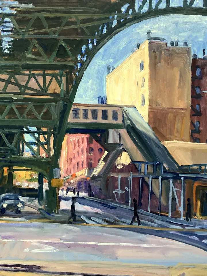 125th Street Elevated Subway Station - New York Cityscape Painting - 16x20 Oil on Panel, Signed Original Impressionist Landscape