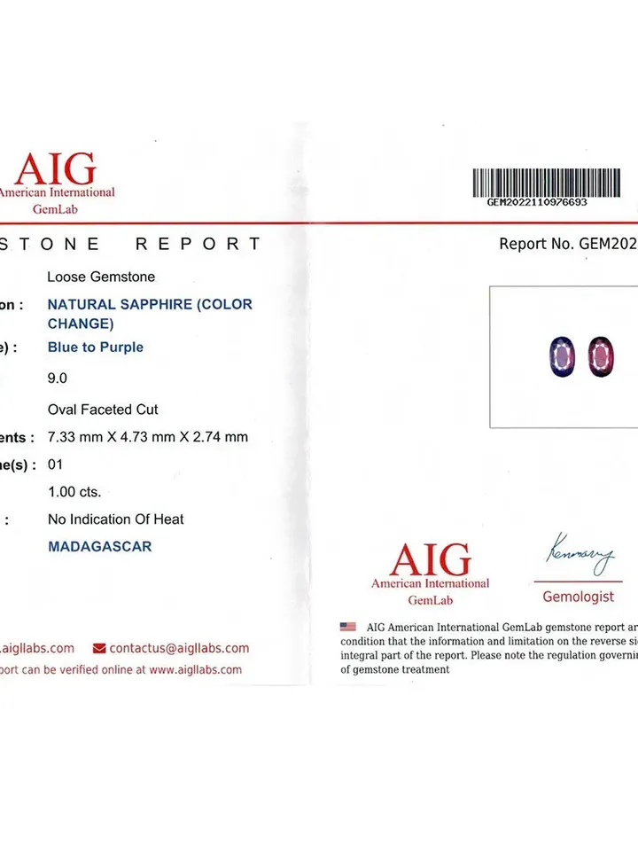 1.00 CT AIG Certified Unique Rarest 100% Natural Unheated Color Change Sapphire