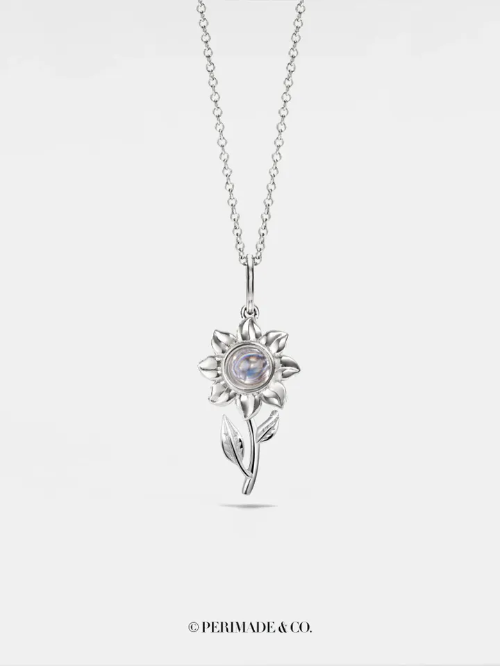 PERIMADE Silver Stereoscopic Sunflower Projection Necklace • One Hundred Language Jewelry • Custom Memorial Photo Pendant • Best Friend Gift