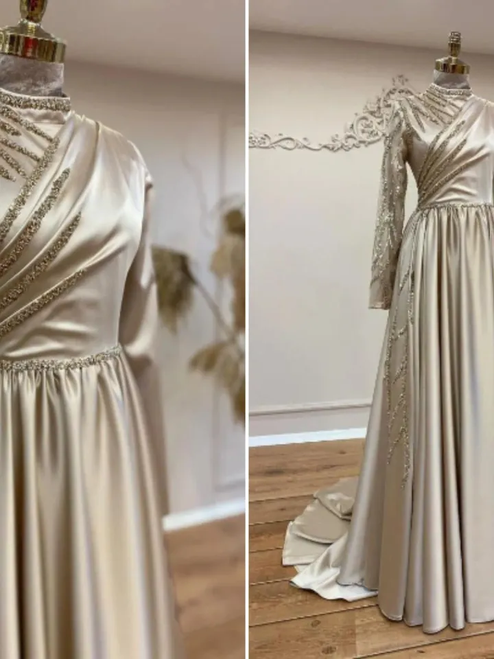 AHUNARE HIJAB - Şura Saten Wedding Dress, Muslim Evening Gown, Nikah, Islamic Wedding, Engagement, Bridesmaid,