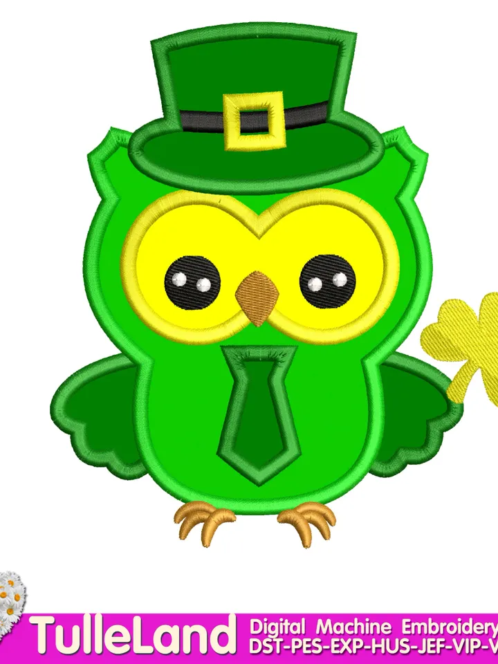 St_Patrick's Day Owl Green Hat with Shamrock Patrick's Boy Applique Design for Machine Embroidery