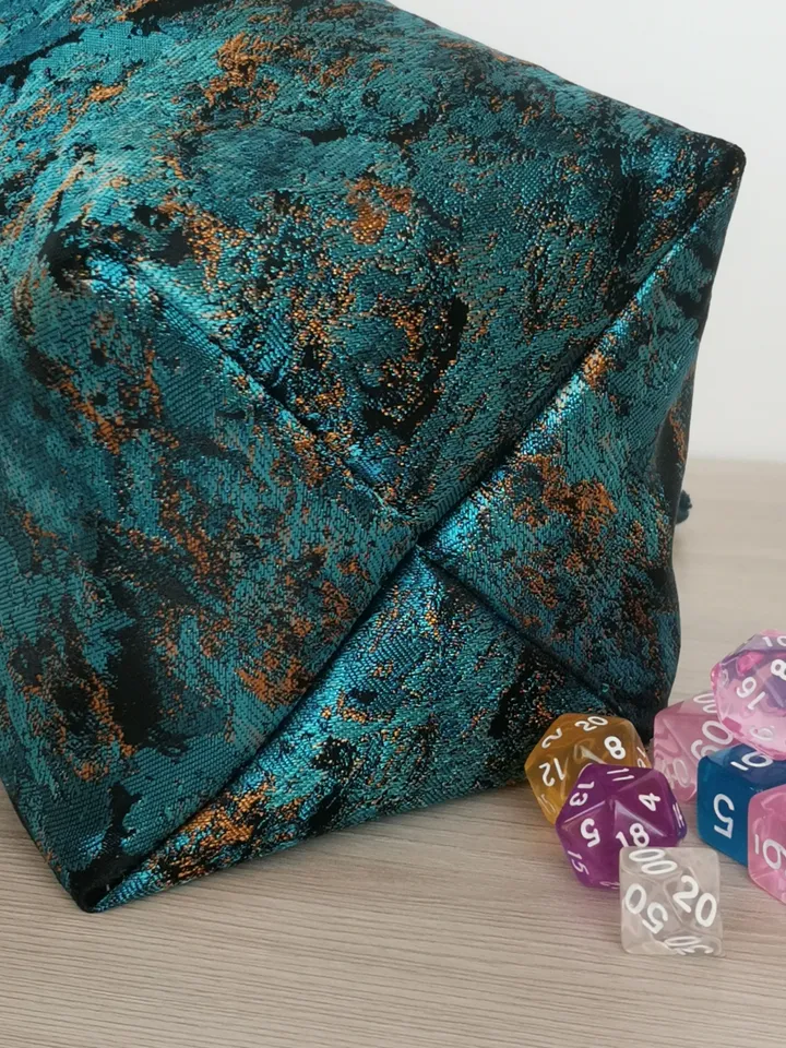 Large dice bag with pockets for 150-200 dice Dark teal and gold jacquard