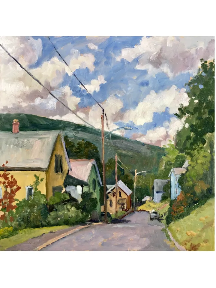 Impressionist Landscape Painting -American Street/Summertime-12x12 Oil on Panel, Plein Air Street Scene, Signed Original Berkshires Fine Art
