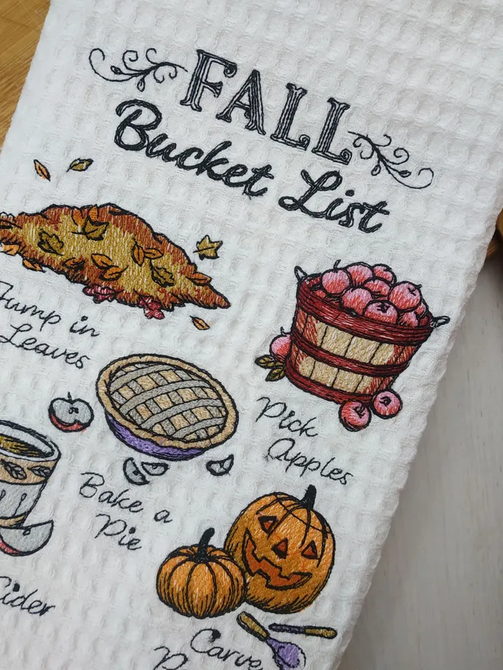 Fall waffle towel "Fall Bucket list", embroidered kitchen towels, kitchen towels with hanging loop, hanging dish towel