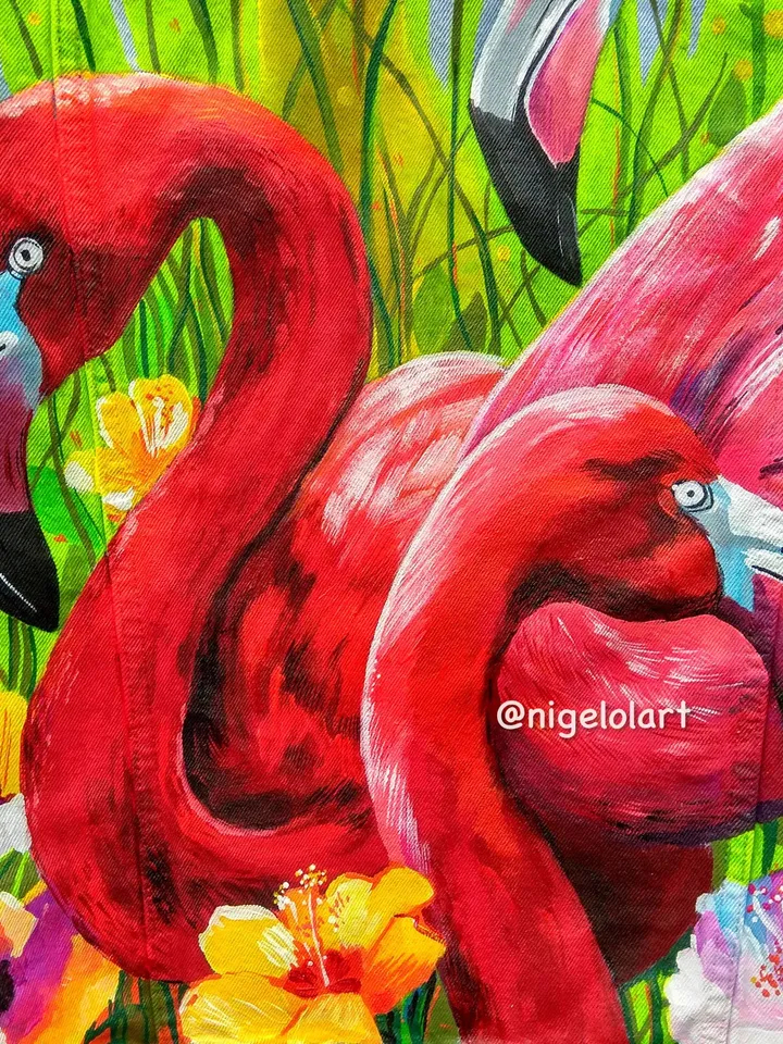 Flamingo Painted denim jacket birds Jeans jacket Portrait Personalized jacket