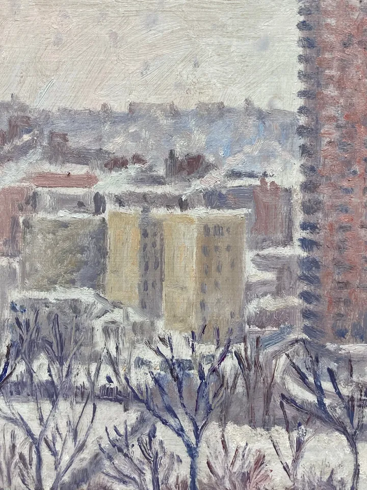 Original New York Winter Cityscape Painting - Snow Storm/Bronx NYC - 8x8 Oil on panel, Urban Impressionist Landscape, American Fine Art