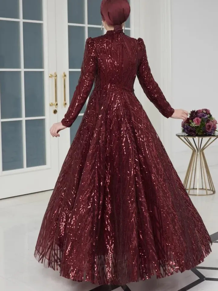 AHUNARE HIJAB - Prenses Burgundy Embroidered Wedding Dress, Muslim Evening Gown, Nikah, Islamic Wedding, Engagement, Bridesmaid,