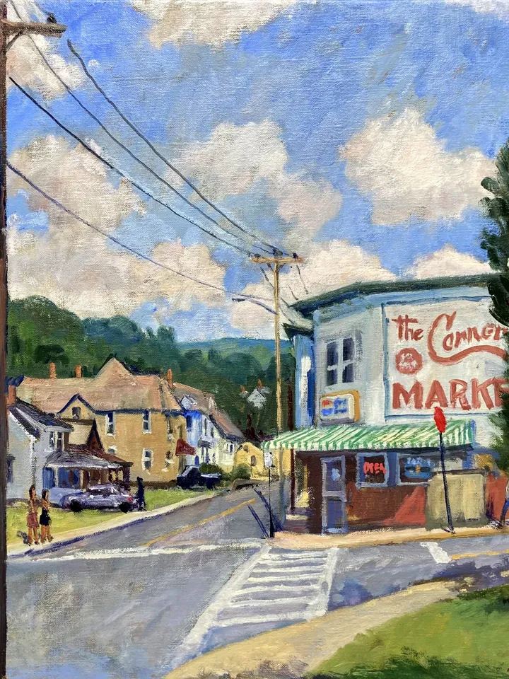 American Landscape Painting - Corner Market/North Adams - 18x18 Oil on Linen, Plein Air Impressionist Cityscape, Signed Original