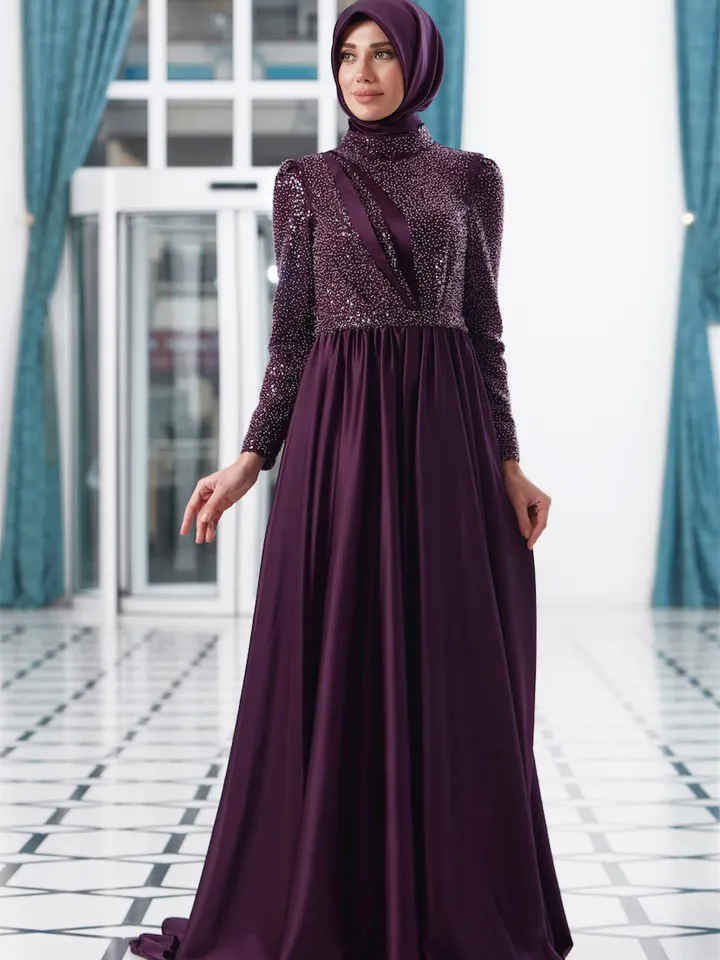 AHUNARE HIJAB - Berra Plum Satin Wedding Dress, Muslim Evening Gown, Nikah, Islamic Wedding, Engagement, Bridesmaid,