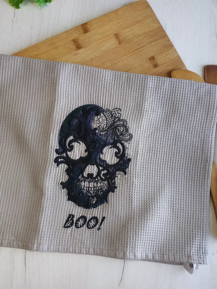 Halloween scull embroidered waffle towel, embroidered kitchen towels, scull kitchen towel, hanging dish towel, halloween