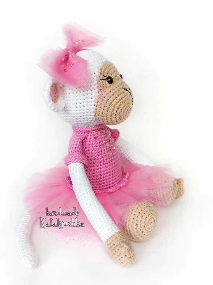 White Monkey soft Toy, Ballerina monkey, Handmade Monkey girl, Crochet monkey in a pink dress, Nursery decor