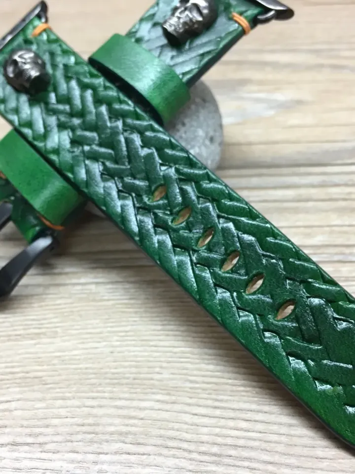 Green Leather Engraved Apple Watch Band Series 6 44mm, Apple Smart Watch Band Series 7 45mm with Skull Sterling Silver Stud, iWatch Straps