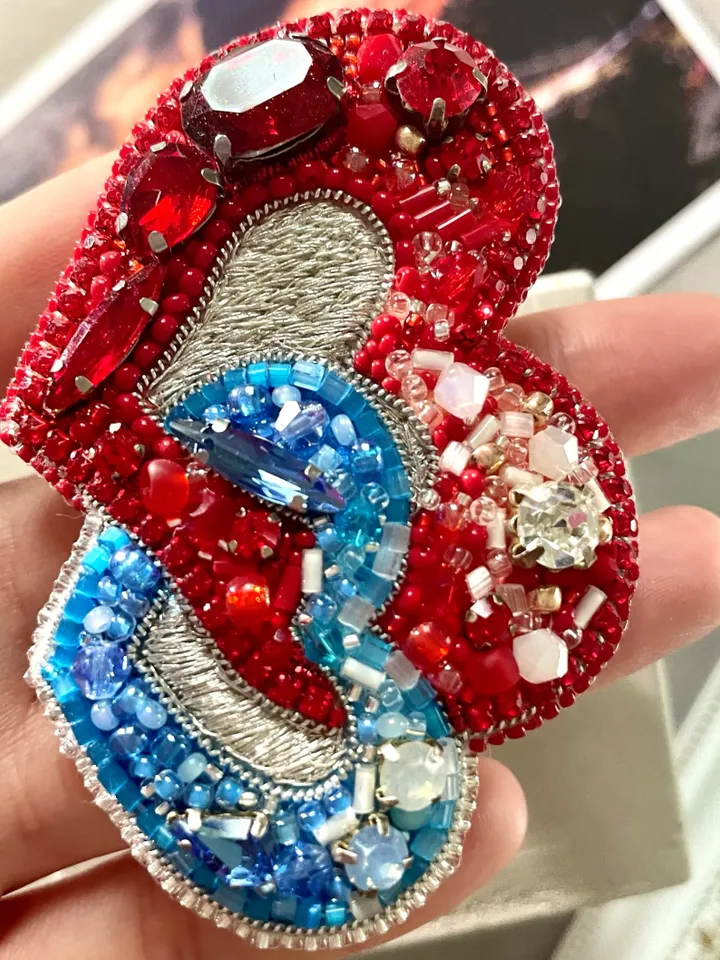 Beaded Brooch Hearts in Red and Blue Color, Handmade Embroidered Accessory, Pin Brooch, Heart Brooch
