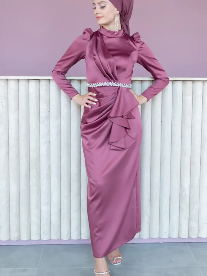AHUNARE HIJAB - Ahunare - Buket Dress, Satin Dress, Rose Color, Muslim Evening Dress, Nikah, Wedding, Engagement, Bridesmaid, ,