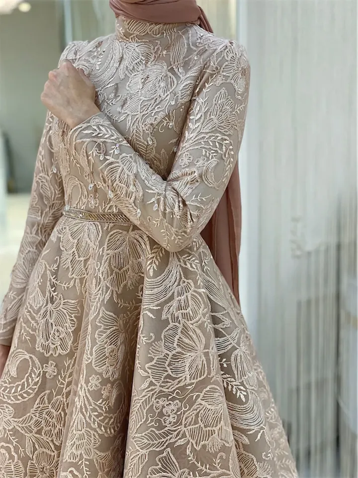 AHUNARE HIJAB - Burç Salmon Lace Embroidered Wedding Dress, Muslim Evening Gown, Nikah, Islamic Wedding, Engagement, Bridesmaid,