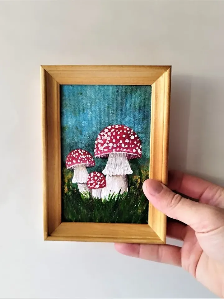 Realistic mushroom painting, Toadstool picture, 3 mushrooms, Impasto painting, Small wall decor