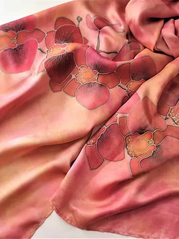 Beautiful long silk scarf Hand painted scarf Orchid print scarf silk satin scarf
