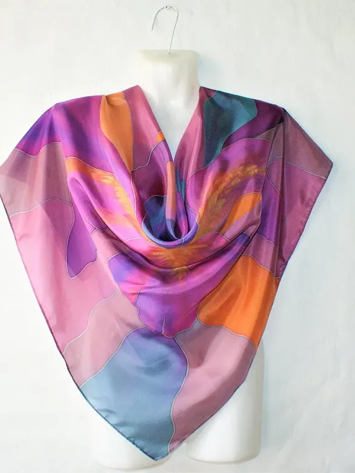 Bright square silk scarf Luxury hand painted silk scarf Floral silk head scarf