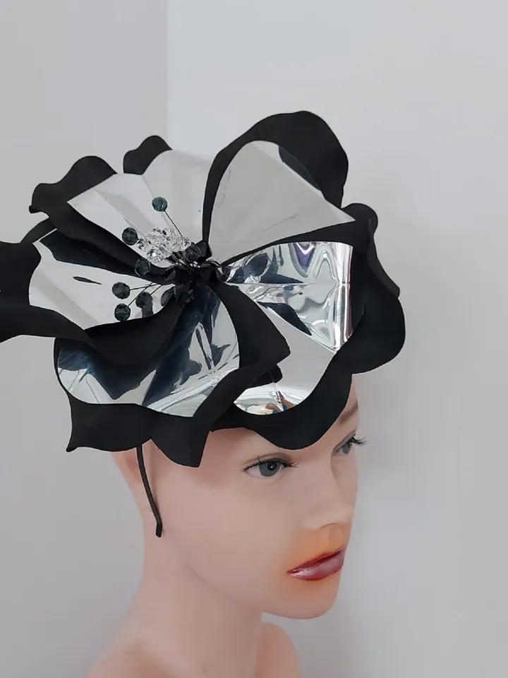 Magic black fascinator Derby hat Black petunia and mirror silver Hair clip Mysterious flower Halloween outfit gothic