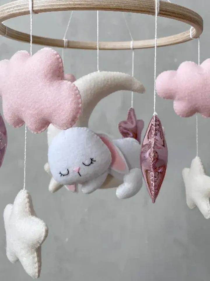 Bunny pink mobile baby girl. Woodland baby mobile. Bunny crib mobile girl. Nursery decor girl