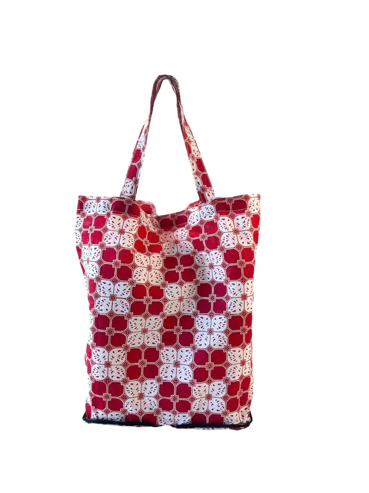 Foldable Shopping Bag | Black Indonesian Batik Tote | Reusable Grocery Bag | Bohemian Cotton Tote