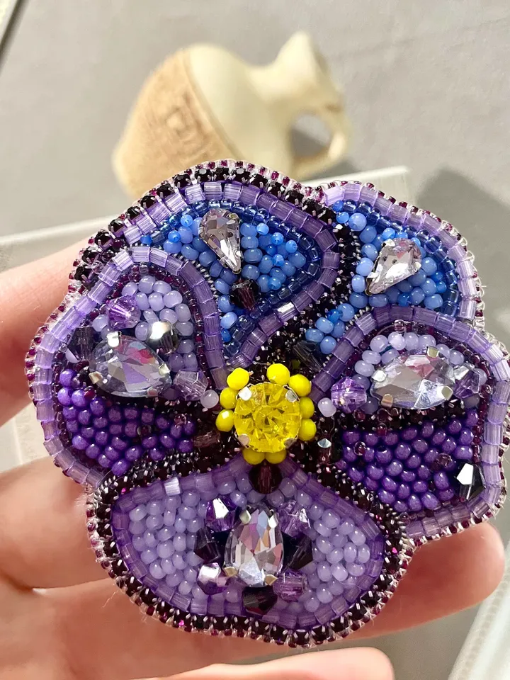 Violet Beaded Brooch, Handmade Embroidered Accessory, Pin Purple Viola, Flower Brooch, Floral Jewelry, Handmade Brooch